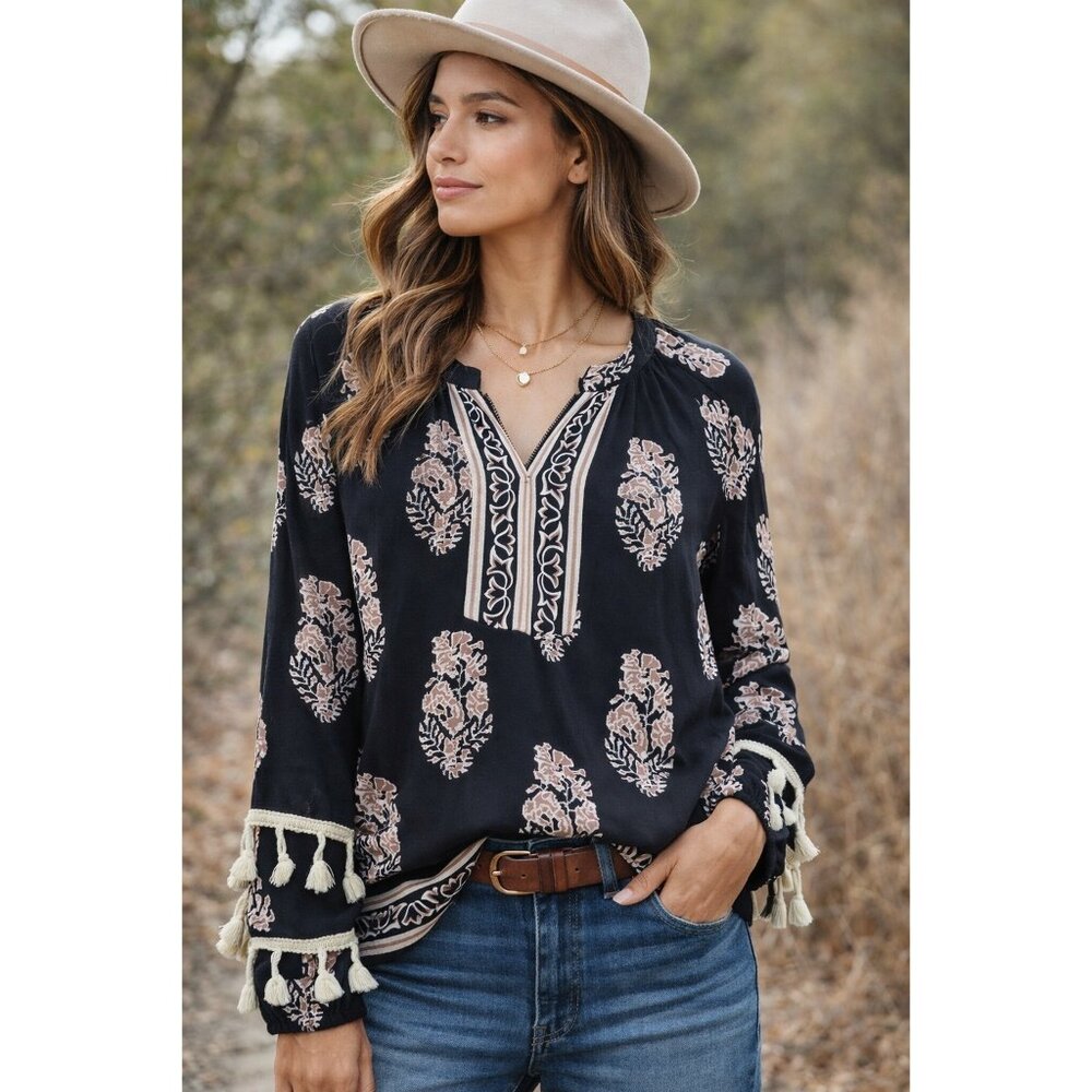 Boho Floral Rayon Blouse Black Pink Tassel Sleeve V Neck Women M